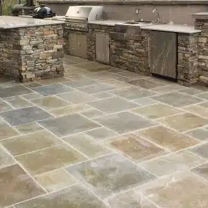 Newly laid paver tiles on backyard patio in arizona